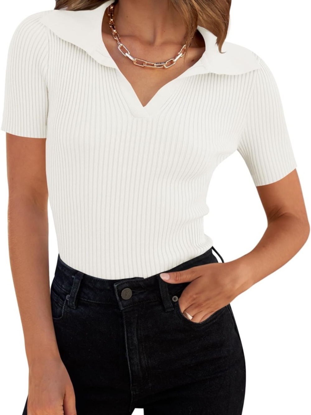Ribbed Collared V-Neck Short Sleeve Top - White